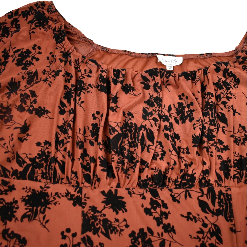 Boho Mesh Floral Blouse Top Orange Ruched Square Neck Balloon Sleeve Fall Colors - Picture 3 of 9